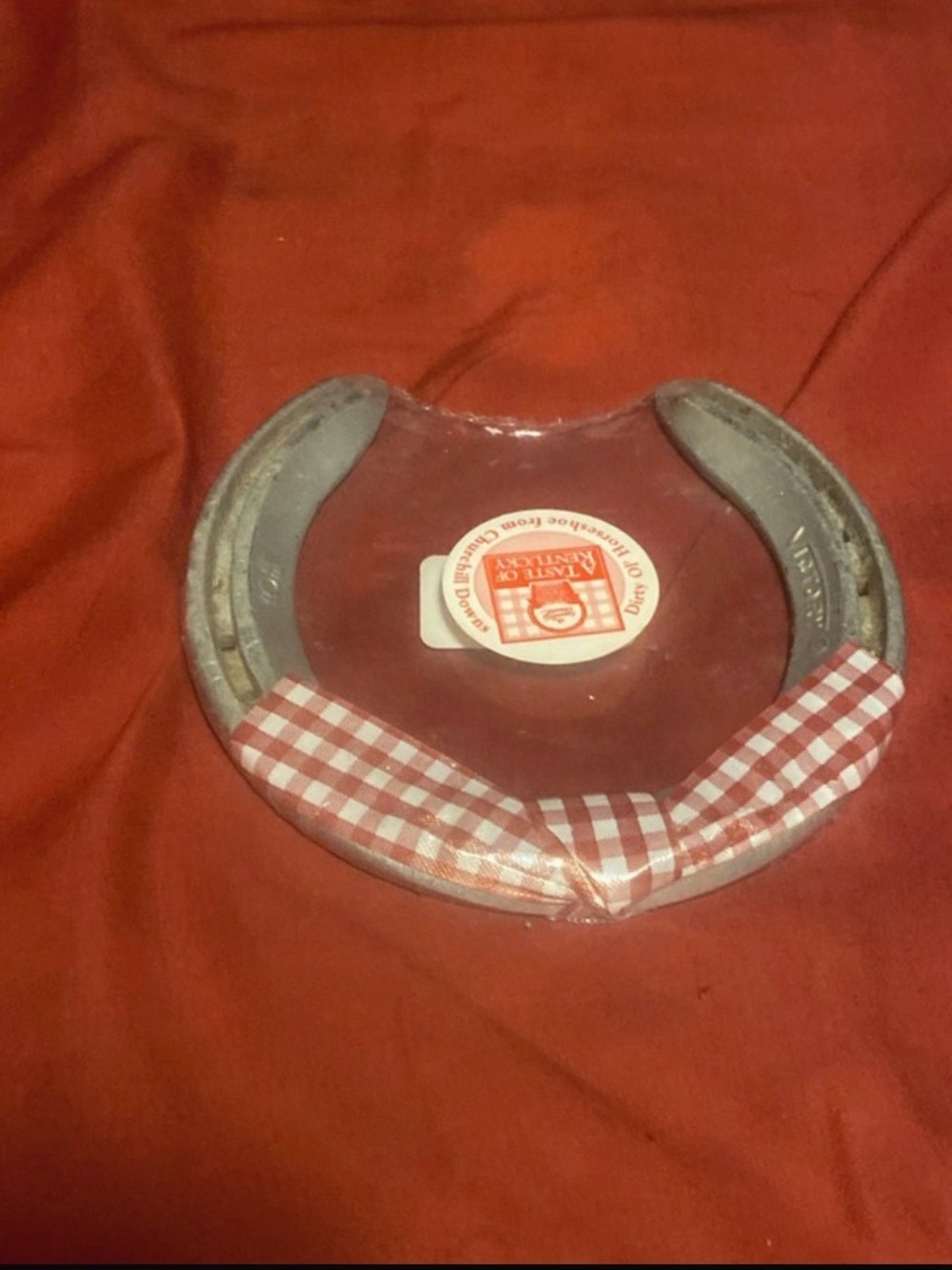 Goes up in value Kids Horseshoe Craftt Plate with Red Gingham Ribbon